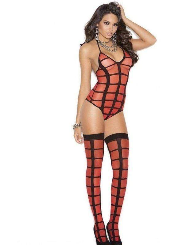 Red Opaque Black Cage Teddy and stockings